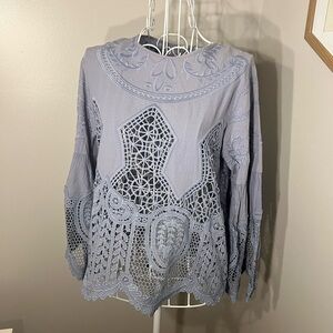 Altar’d state women Sz S crocheted lace bell sleeve 100% Cotton blouse top blue